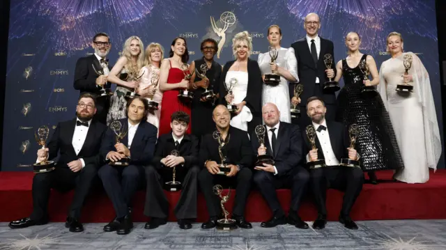 The team from 'Adolescence' posing in the press room at the Emmys
