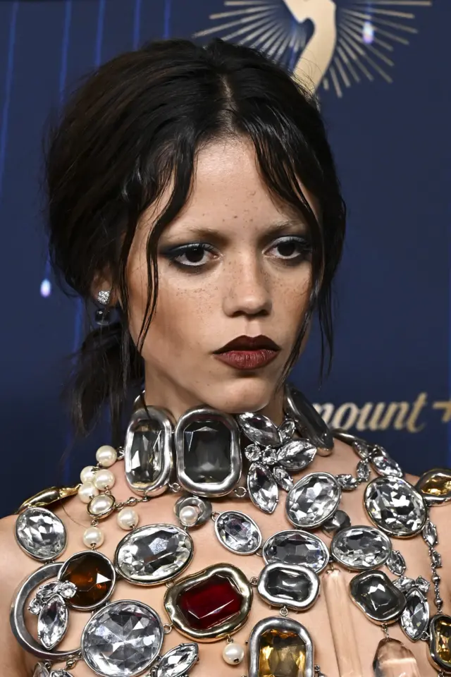 Jenna Ortega arrives for the 77th annual Emmy Awards ceremony held at the Peacock Theater in Los Angeles, California, USA, 14 September 2025.