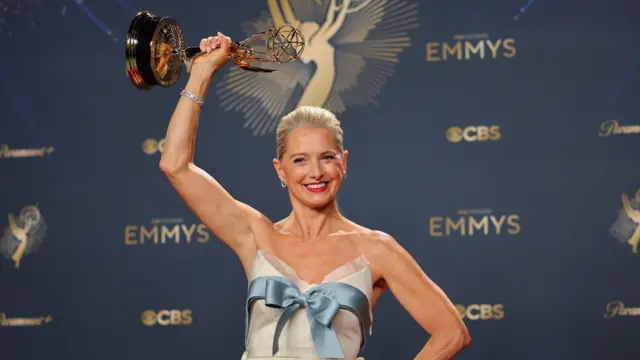 Katherine LaNasa poses with the Best Supporting Actress in a Drama Series award for The Pitt at the 77th Primetime Emmy Awards in Los Angeles