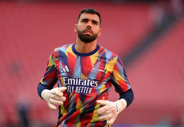 David Raya of Arsenal warms up prior to the UEFA Champions League 2025/26 League Phase MD1 match between Athletic Club and Arsenal FC at Estadio de San Mames on September 16, 2025 in Bilbao, Spain