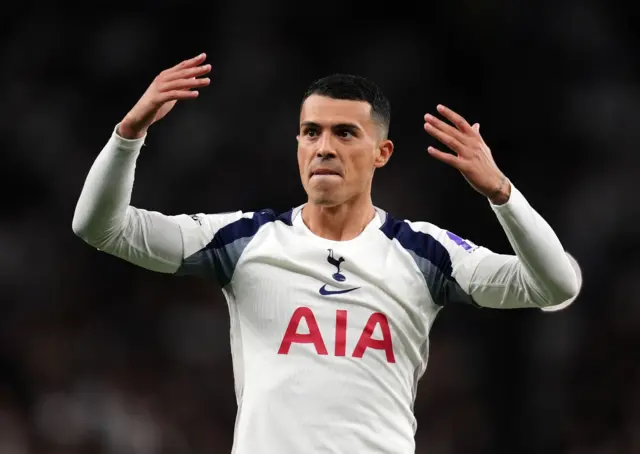 Tottenham Hotspur's Pedro Porro celebrates an own goal by Villarreal's Luiz Junior