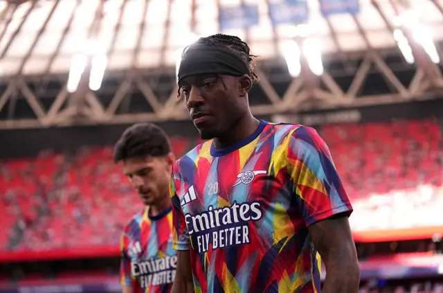 Noni Madueke of Arsenal warms up prior to the UEFA Champions League 2025/26 League Phase MD1 match between Athletic Club and Arsenal FC at Estadio de San Mames on September 16, 2025 in Bilbao, Spain.