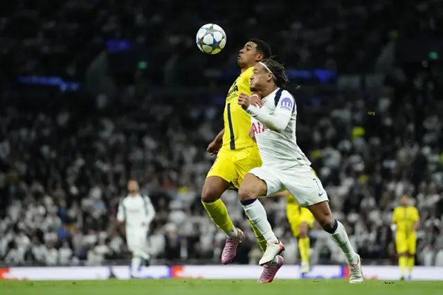 Santiago Mourino (rear) of Villarreal and Xavi Simons (front) of Tottenham compete for the ball during the UEFA Champions League football match between Tottenham Hotspur and Villarreal CF at Tottenham Hotspur Stadium on September 16, 2025 in London, United Kingdom.