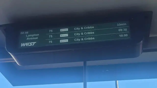 A close up image showing an electronic timetable screen at a bus stop in Hartcliffe. It shows the number 75 is supposed to arrive in 33 minutes, then at 09:30, then 10:00.