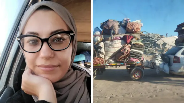 Two photos. Woman in hijab and glasses on left side. Car carrying lots of bags and items on a wagon on right side.