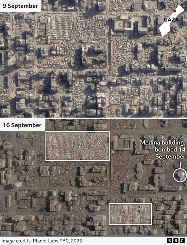 A composite satellite photo showing Gaza City on 9 September and 16 September. In the first image the landscape is dotted with tents, while on the second many have been removed.