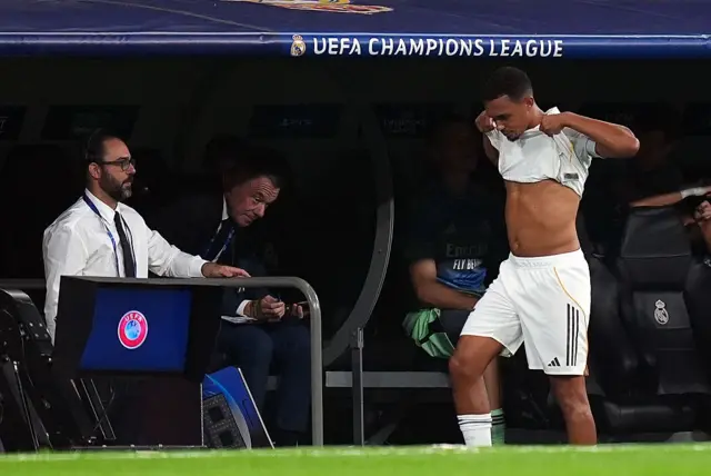 Trent Alexander-Arnold of Real Madrid reacts as he leaves the pitch after picking up an injury