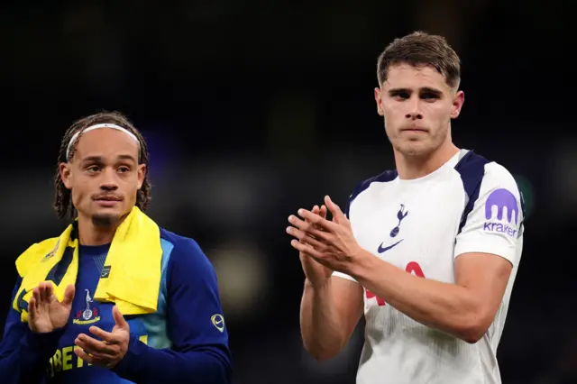 Tottenham Hotspur's Xavi Simons and Micky van de Ven (right) celebrate