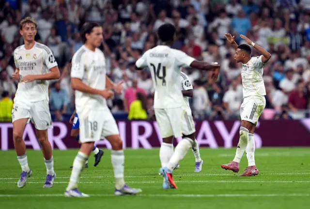 Kylian Mbappe of Real Madrid celebrates scoring his team's first goal from the penalty spot during the UEFA Champions League 2025/26 League Phase MD1 match between Real Madrid C.F. and Olympique de Marseille at Estadio Santiago Bernabeu on September 16, 2025 in Madrid, Spain.