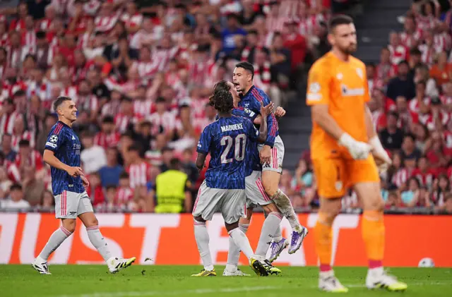 Gabriel Martinelli of Arsenal celebrates scoring his team's first goal with Noni Madueke during the UEFA Champions League 2025/26 League Phase MD1 match between Athletic Club and Arsenal FC at Estadio de San Mames on September 16, 2025 in Bilbao, Spain.