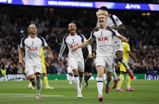 Tottenham Hotspur's Richarlison, Lucas Bergvall, Xavi Simons and Pape Matar Sarr celebrate their first goal, an own goal scored by Villarreal's Luiz Junior