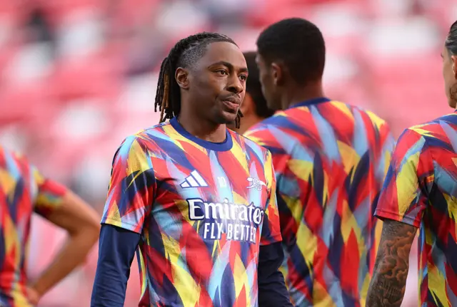 Eberechi Eze of Arsenal warms up prior to the UEFA Champions League 2025/26 League Phase MD1 match between Athletic Club and Arsenal FC at Estadio de San Mames on September 16, 2025 in Bilbao, Spain.