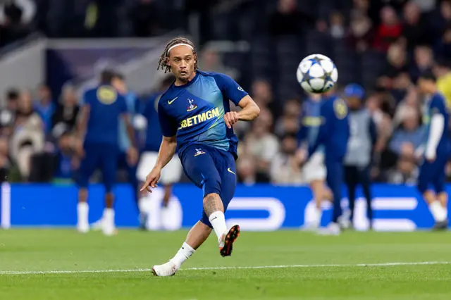 Xavi Simons of Tottenham Hotspur warming up prior to the UEFA Champions League 2025/26 League Phase MD1 match between Tottenham Hotspur and Villarreal CF at Tottenham Hotspur Stadium on September 16, 2025 in London, England.