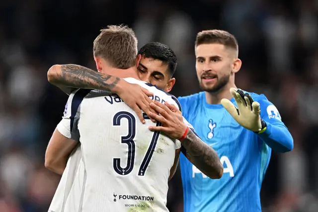 Cristian Romero and Micky van de Ven of Tottenham Hotspur celebrate after the team's victory in the UEFA Champions League 2025/26 League Phase MD1 match between Tottenham Hotspur and Villarreal CF at Tottenham Hotspur Stadium on September 16, 2025 in London, England