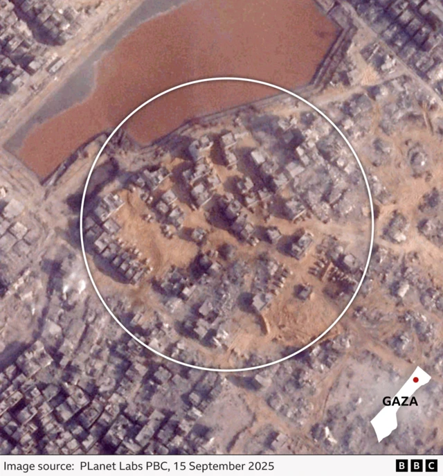 A satellite image of Gaza city captured on 15 September 2025. A circled area of damaged buildings is highlighted, where a number of armoured vehicles can be seen clearly parked in the streets of the city,