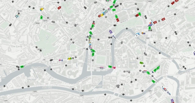 A map showing buses in the centre of Bristol