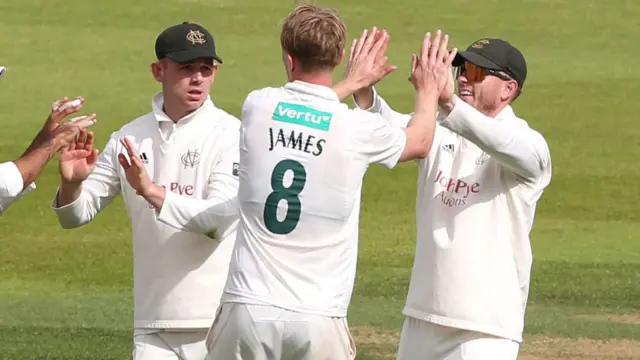 Lyndon James celebrating the wicket of Tom Lawes