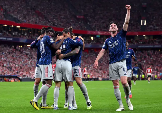 Gabriel Martinelli of Arsenal celebrates scoring his team's first goal with Noni Madueke, Riccardo Calafiori and Declan Rice during the UEFA Champions League 2025/26 League Phase MD1 match between Athletic Club and Arsenal FC at Estadio de San Mames on September 16, 2025 in Bilbao, Spain.
