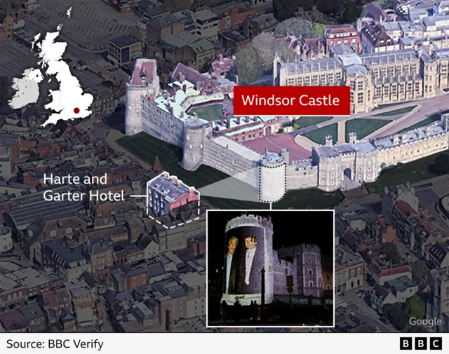 Graphic of Google Earth 3D aerial image of Windsor Castle and area surrounding it. It highlights the tower onto which the images were projected, as well as the location of the Harte and Garter Hotel, with a beam of light linking the two. There is also an embedded image of the tower showing Donald Trump and Jeffrey Epstein next to each other on the projection.