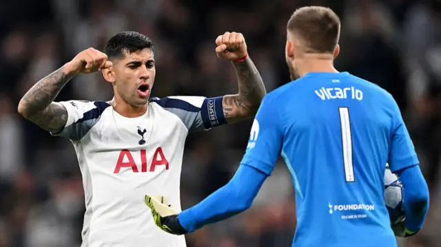 Tottenham's Cristian Romero and Guglielmo Vicario celebrate