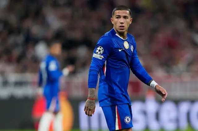 Enzo Fernandez of Chelsea FC looks on during the UEFA Champions League 2025/26 League Phase MD1 match between FC Bayern München and Chelsea FC at Football Arena Munich on September 17, 2025 in Munich, Germany.