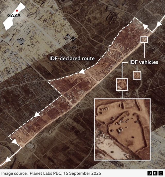 Annotated satellite imagery showing the newest IDF-mandated evacuation route from Gaza City