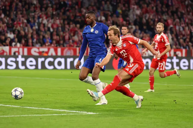 Harry Kane of Bayern Munich scores his team's third goal