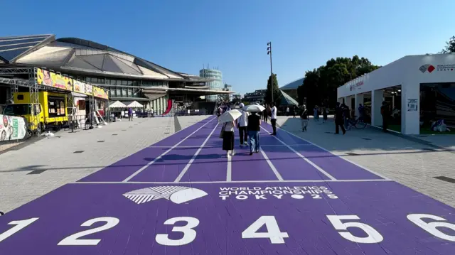 A purple track guides fans from the station to the stadium