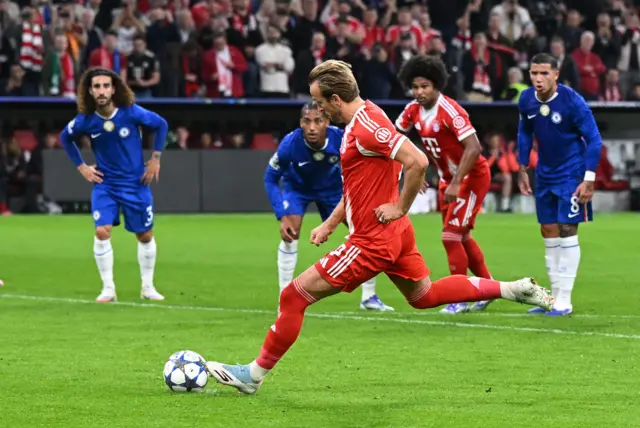 Bayern Munich's Harry Kane scores their second goal from the penalty spot