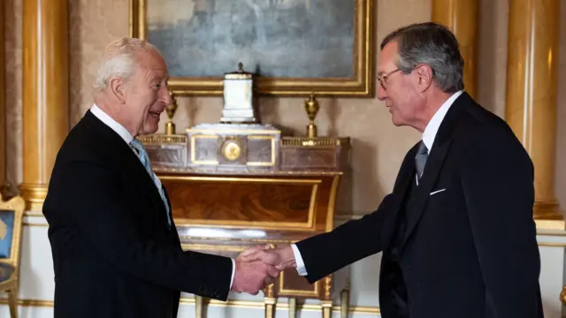 Ambassador for the United States of America, Warren Stephens, presents his credentials to Britain's King Charles during a private audience at Buckingham Palace, London.