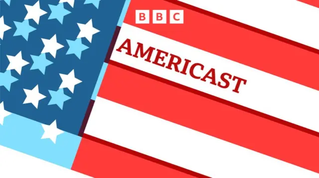 Large banner that has American flag in cartoon-style block, text in one of the white stripes says Americast, with BBC logo above.