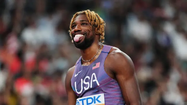 Noah Lyles of the U.S. celebrates winning his heat