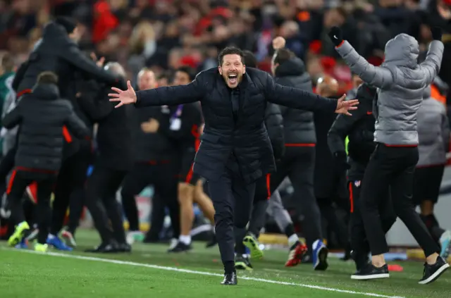 Diego Simeone, Manager of Atletico Madrid celebrates his sides second goal during the UEFA Champions League round of 16 second leg match between Liverpool FC and Atletico Madrid at Anfield on March 11, 2020 in Liverpool, United Kingdom.