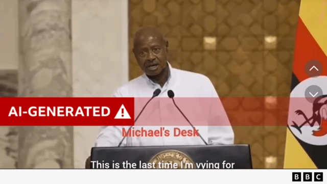 A screengrab from the AI-generated video with the words "AI-generated" added by BBC Verify