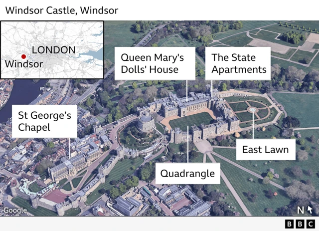 Alt text: Aerial photo of Windsor Castle with an inset map locating it to the west of London. The image highlights areas of the castle that will be visited by Trump and Melania like the Quadrangle, the East Lawn, the State Apartments, St George's Chapel and Queen Mary's Dolls' House.