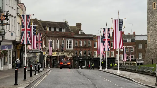 A street in Windsor with flags