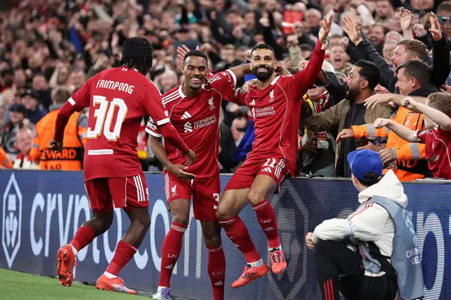 Liverpool's Mohamed Salah celebrates their second goal.