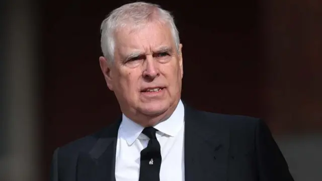 Prince Andrew departs Westminster Cathedral in London after the funeral of the Duchess of Kent