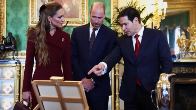 U.S. Secretary of State Marco Rubio speaks with Britain's William, Prince of Wales and Catherine, Princess of Wales, as they view the Royal Collection at Windsor Castle,