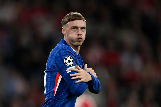 Cole Palmer of Chelsea celebrates scoring his team's first goal during the UEFA Champions League 2025/26 League Phase MD1 match between FC Bayern München and Chelsea FC at Football Arena Munich on September 17, 2025 in Munich, Germany.