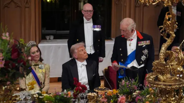 King Charles speaks at banquet, Trump and Princess Catherine sat next to him.