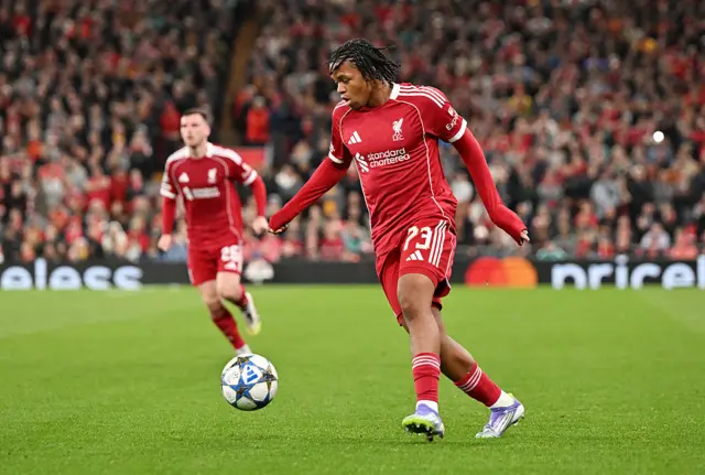 Rio Ngumoha of Liverpool passes the ball during the UEFA Champions League 2025/26 League Phase MD1 match between Liverpool FC and Atletico de Madrid at Anfield