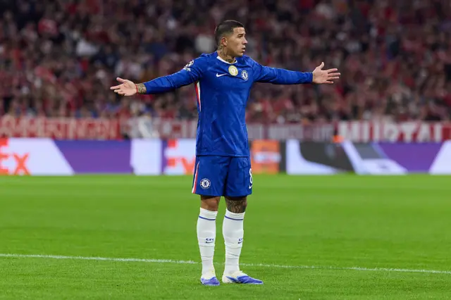 Enzo Fernandez of Chelsea reacts during the UEFA Champions League 2025/26 League Phase MD1 match between FC Bayern München and Chelsea FC at Football Arena Munich on September 17, 2025 in Munich, Germany.