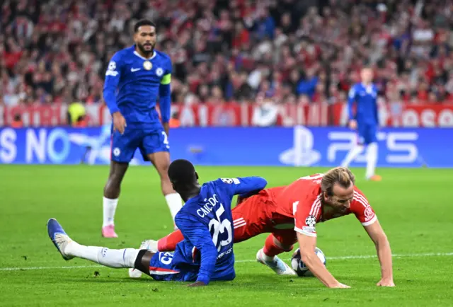 Chelsea's Moises Caicedo concedes a penalty against Bayern Munich's Harry Kane