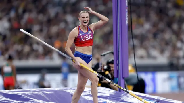 Katie Moon of the USA celebrates after an attempt in the Women's Pole Vault final at the