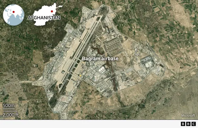 A graphic showing an aerial shot of Bagram airbase in Afghanistan.