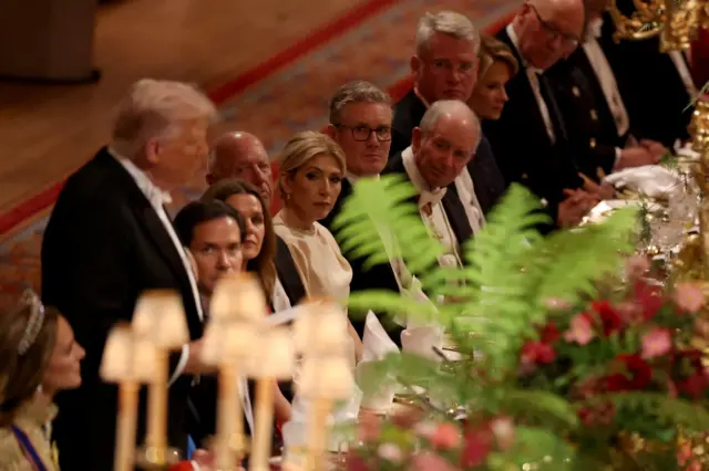 John Swinney sits 10 chairs to Donald Trump's left (King Charles on his immediate left is obscured) at the state banquet at Windsor Castle