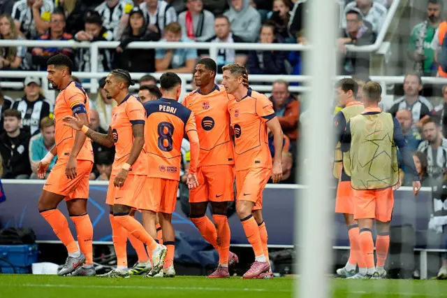 Marcus Rashford of FC Barcelona celebrates a goal with his teammates during the UEFA Champions League 2025/26 League Phase MD1 match between Newcastle United FC and FC Barcelona at St James' Park on September 18, 2025 in Newcastle upon Tyne, England.