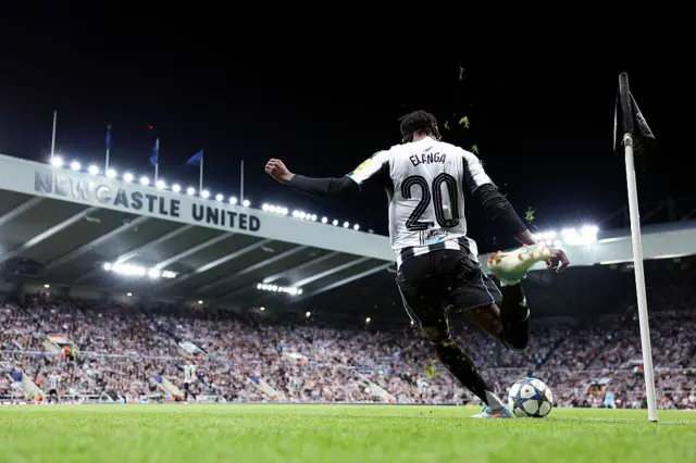 Anthony Elanga of Newcastle United takes a corner kick during the UEFA Champions League 2025/26 League Phase MD1 match between Newcastle United FC and FC Barcelona at St James' Park on September 18, 2025 in Newcastle upon Tyne, England.