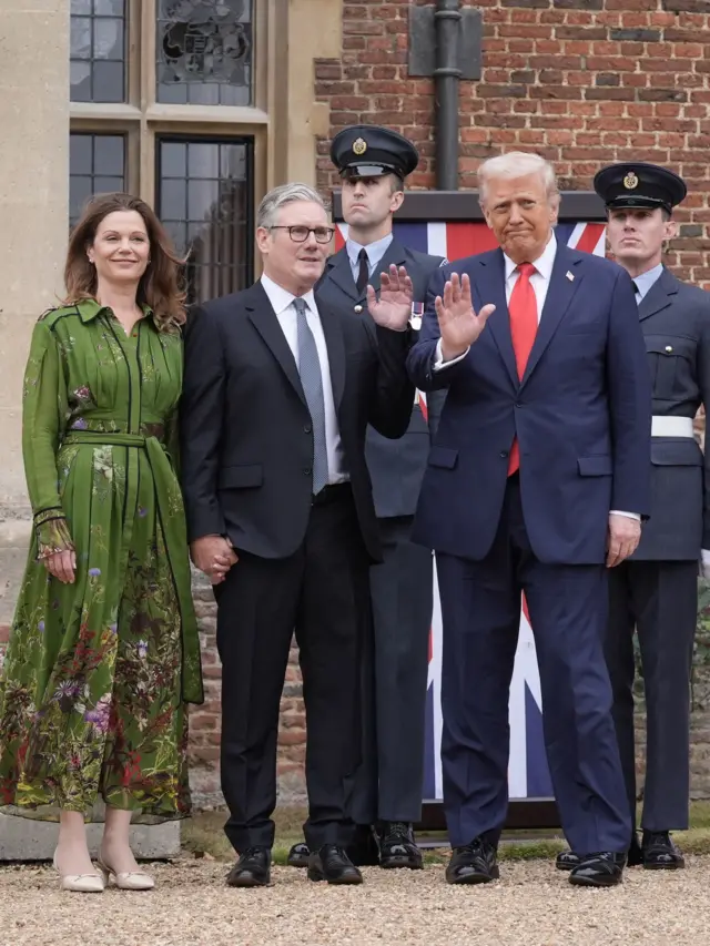 Prime Minister Sir Keir Starmer (2nd left) and Lady Victoria Starmer greet US President Donald Trump